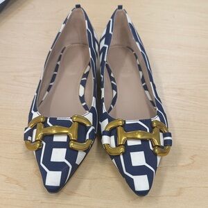 Boden Iris Snaffle Navy White Geometric Pointed Flats with Gold Buckle